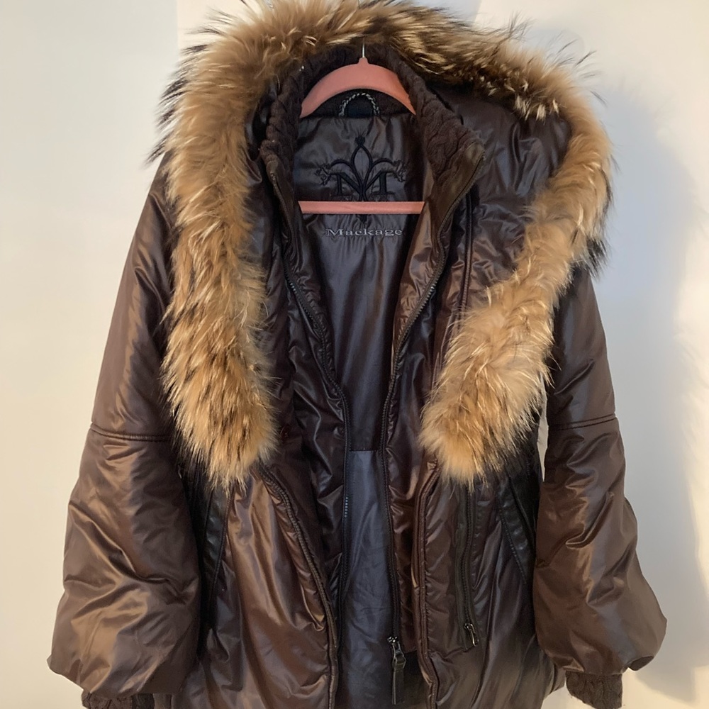 Excellent used condition, like new. BROWN Mackage puffer, sz LG